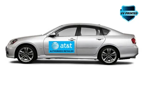 UV printed car magnet on silver vehicle showing AT&T authorized retailer branding