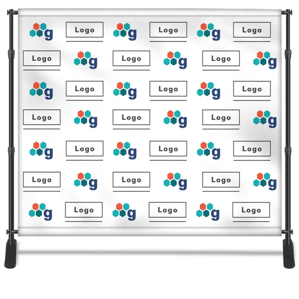 Retractable roll-up banner stand with step and repeat backdrop pattern
