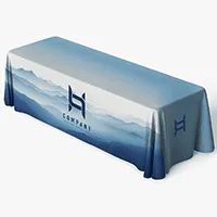 Custom printed trade show tablecloth with company logo and mountain design
